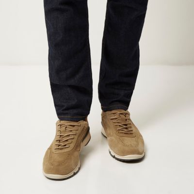 Camel suede perforated trainers